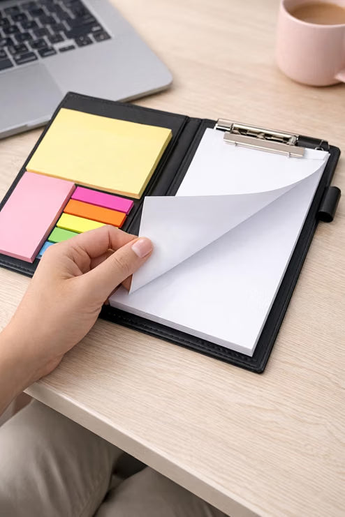AccuPrints Premium Leather Note Pad/Memo Book | 138 Pages | Size 19 x 11 cm | with Sticky Notes & Clip Holder with Pen for Gifting Multi Size Sticky Notes Diary Style