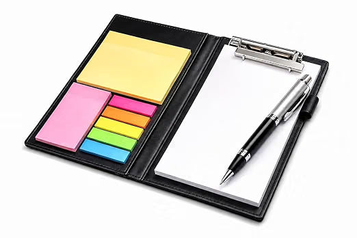 AccuPrints Premium Leather Note Pad/Memo Book | 138 Pages | Size 19 x 11 cm | with Sticky Notes & Clip Holder with Pen for Gifting Multi Size Sticky Notes Diary Style