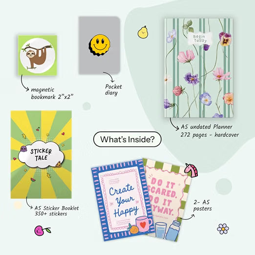KALP Undated Daily Journal Planner KIT with Pocket Diary, 2 Posters, 300+Stickers, Magnetic Bookmark - Hard Bound, 80 GSM - 272 pages, 52 Weekly Spreads, Monthly View, Habit & Budget Tracker (Begin Today)