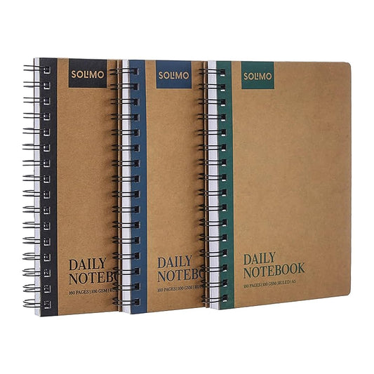 Solimo Notebooks, Spiral-Bound, Kraft Cover, Lightweight, Pleasing Designs (A5, 160 Pages, 100 GSM, Set of 3)