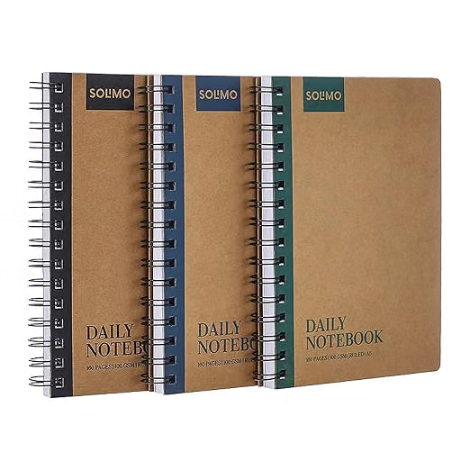Solimo Notebooks, Spiral-Bound, Kraft Cover, Lightweight, Pleasing Designs (A5, 160 Pages, 100 GSM, Set of 3)