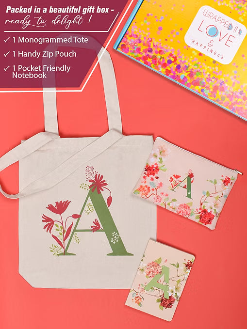 DOODLE Monogram A Diary Gift Set – B6 Soft Bound Ruled Notebook with Tote Bag & Zipper Pouch – Premium Stationery Gift Set for Women & Girls | Perfect Personalised Gift Set for Women's Day