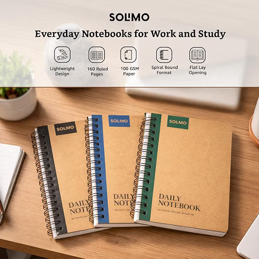 Solimo Notebooks, Spiral-Bound, Kraft Cover, Lightweight, Pleasing Designs (A5, 160 Pages, 100 GSM, Set of 3)