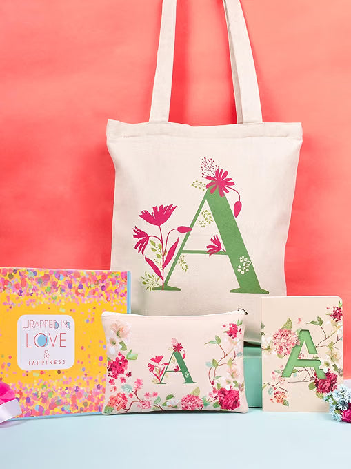 DOODLE Monogram A Diary Gift Set – B6 Soft Bound Ruled Notebook with Tote Bag & Zipper Pouch – Premium Stationery Gift Set for Women & Girls | Perfect Personalised Gift Set for Women's Day