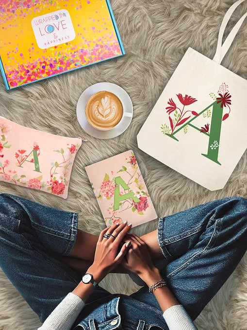 DOODLE Monogram A Diary Gift Set – B6 Soft Bound Ruled Notebook with Tote Bag & Zipper Pouch – Premium Stationery Gift Set for Women & Girls | Perfect Personalised Gift Set for Women's Day